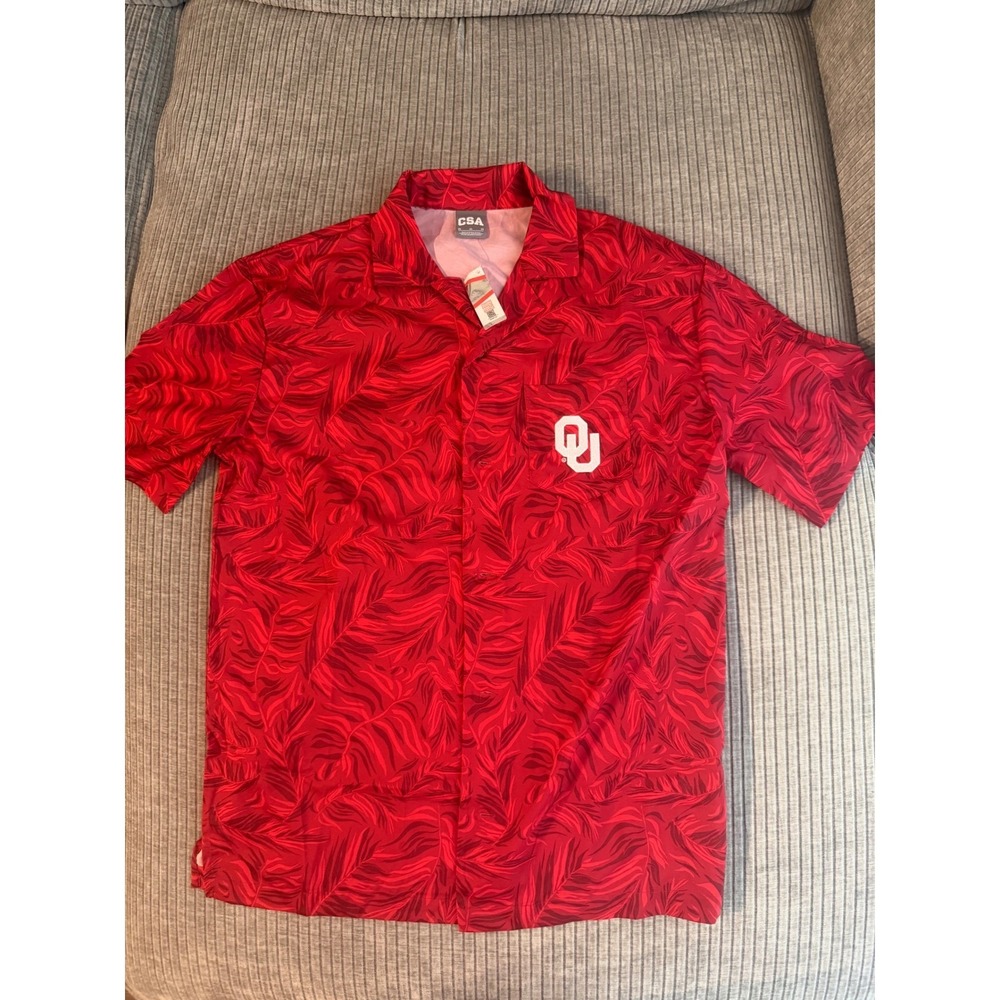 CSA Oklahoma Sooners OU Mens Medium Red Tropical Palm Leaf Button Up Shirt NWT